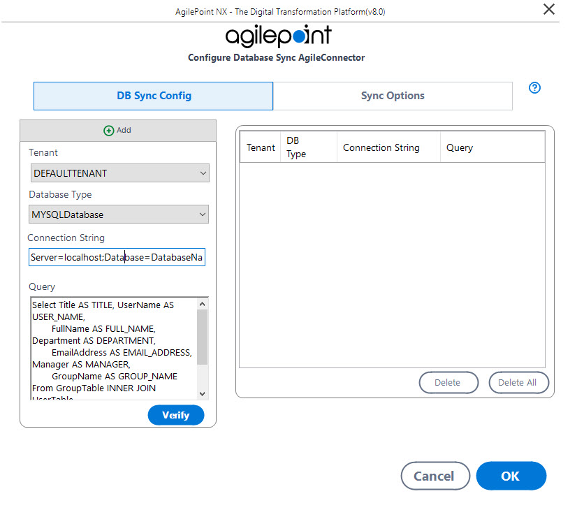 Database Configuration screen