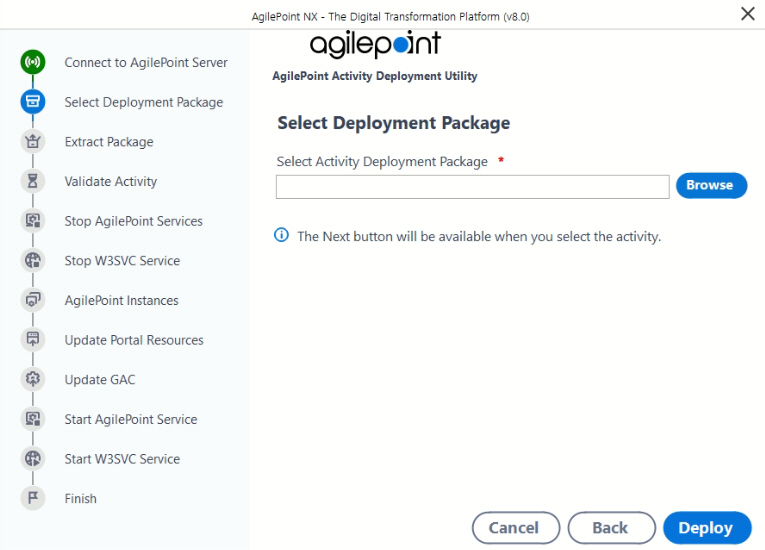 Select Activity Deployment Package screen