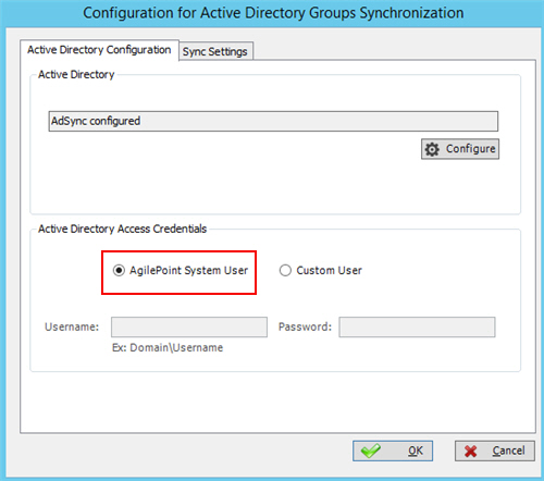 Configuration for Active Directory Groups Synchronization Active Directory Configuration tab