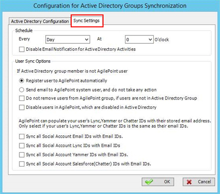 Configuration for Active Directory Groups Synchronization Sync Settings screen