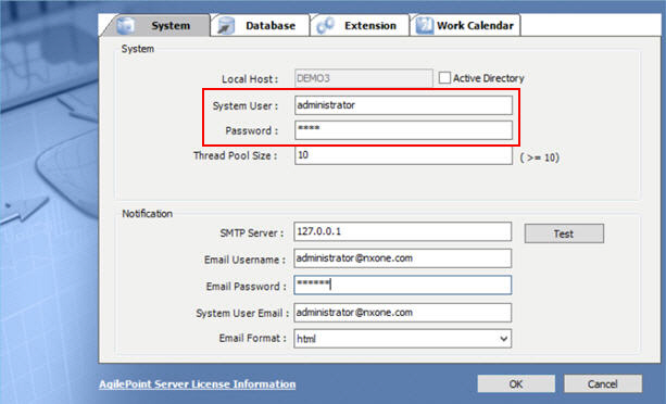 AgilePoint Server Configuration System tab