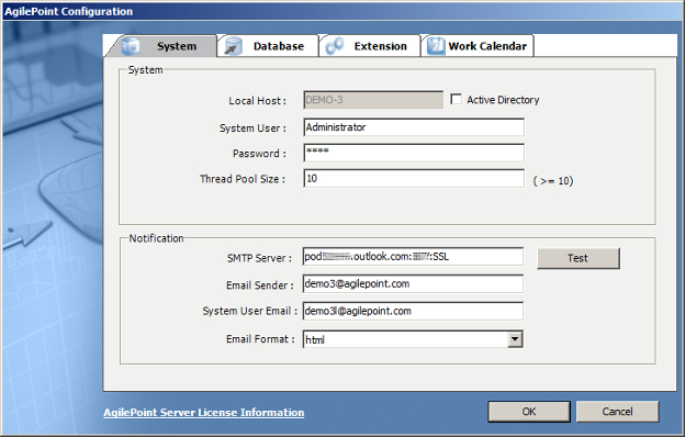 AgilePoint Server Configuration System tab