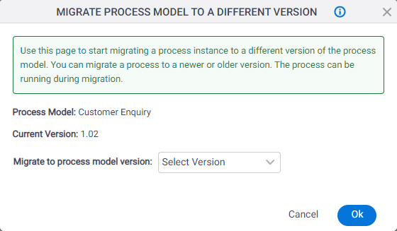 Migrate Process Model to a Different Version screen
