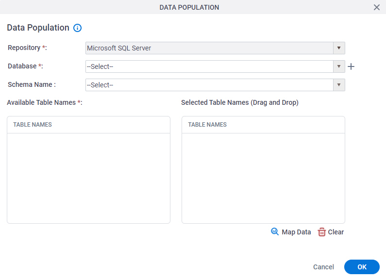 Data Population screen Microsoft SQL Server