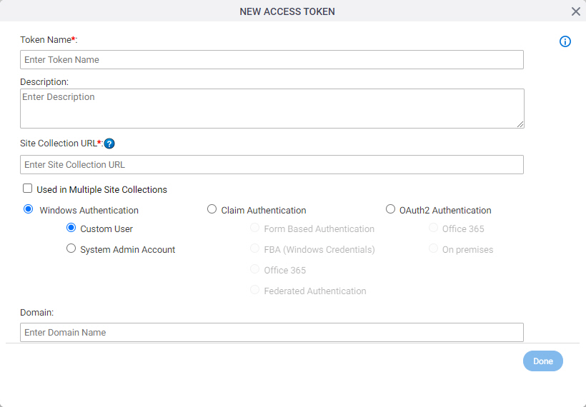 SharePoint Access Token Configuration screen