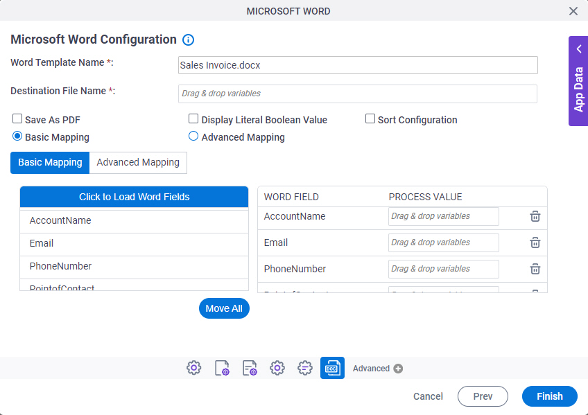 Microsoft Word Configuration screen