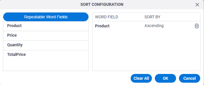 Sort Configuration screen