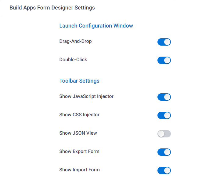 Build Apps Form Designer Settings screen