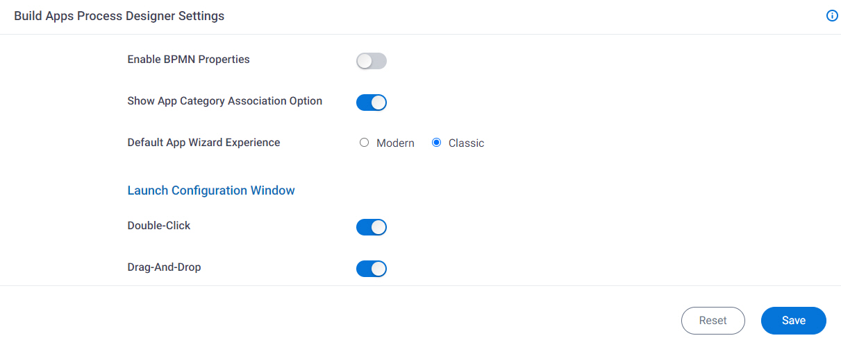 Build Apps Process Designer Settings screen