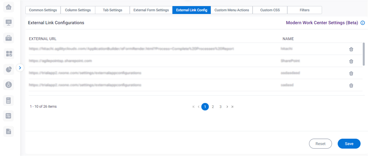 External Link Configurations screen