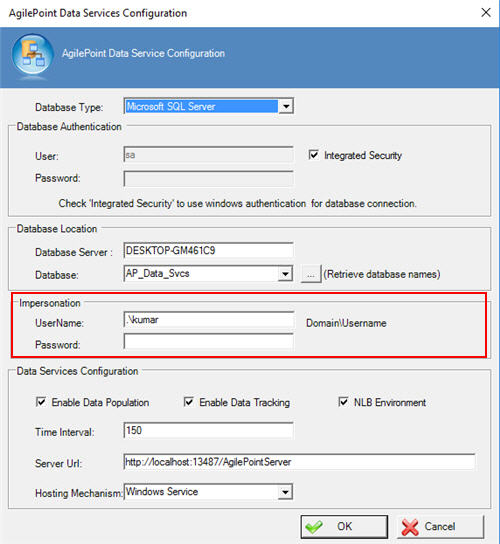 AgilePoint Data Services Configuration screen