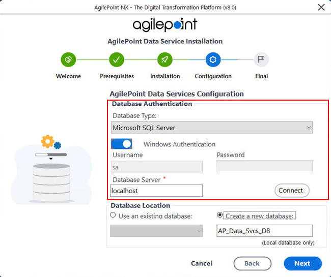AgilePoint Data Services Configuration Database Authentication screen