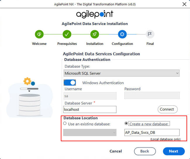 AgilePoint Data Services Configuration Database Location screen