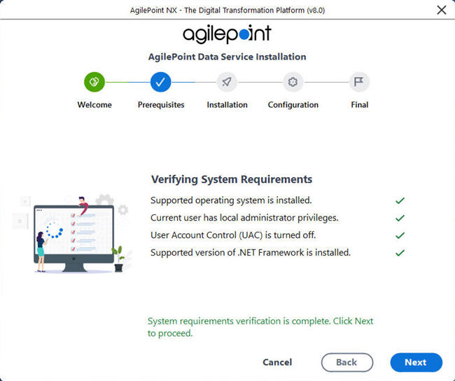 Verifying System Requirements screen AgilePoint Data Services