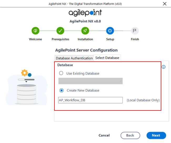 AgilePoint Server Configuration Database screen