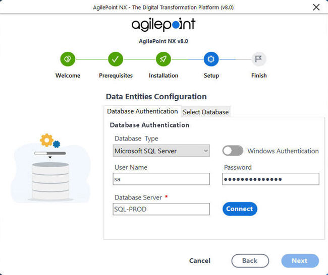 Data Entities Configuration Database Authentication screen