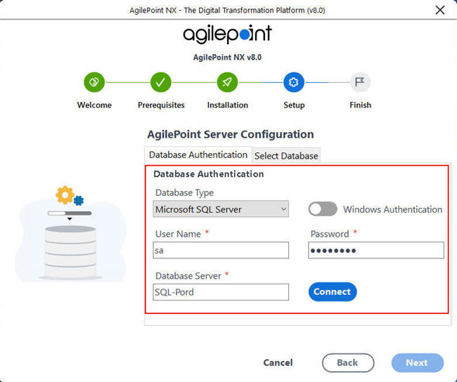 AgilePoint Server Configuration Database Authentication screen