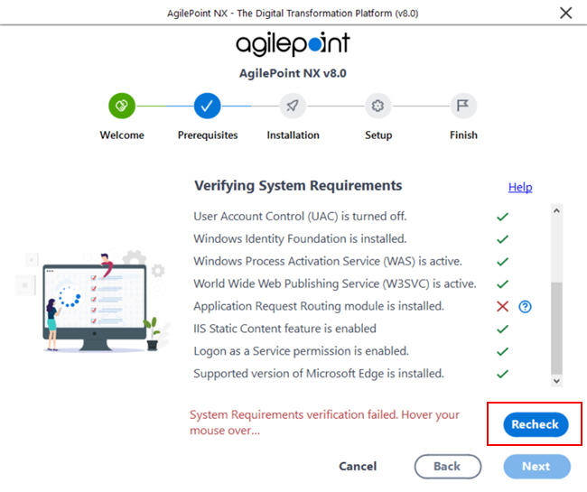 Verifying System Requirements Error screen AgilePoint Server