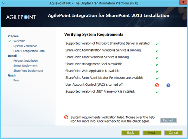 Verifying System Requirements screen SharePoint 2013