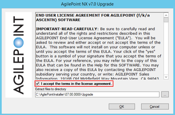 End User License Agreement for AgilePoint Software screen