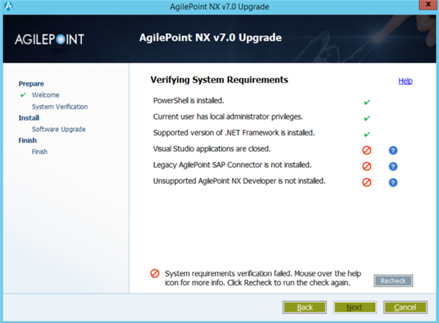Verifying System Requirements Error screen Upgrade Installer