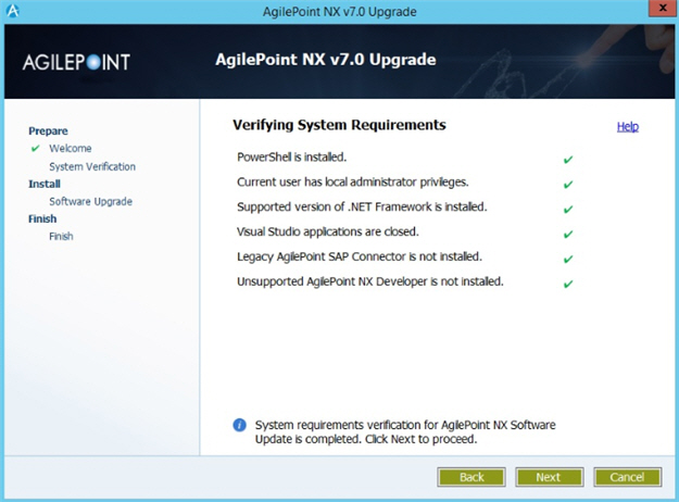 Verifying System Requirements screen Upgrade Installer
