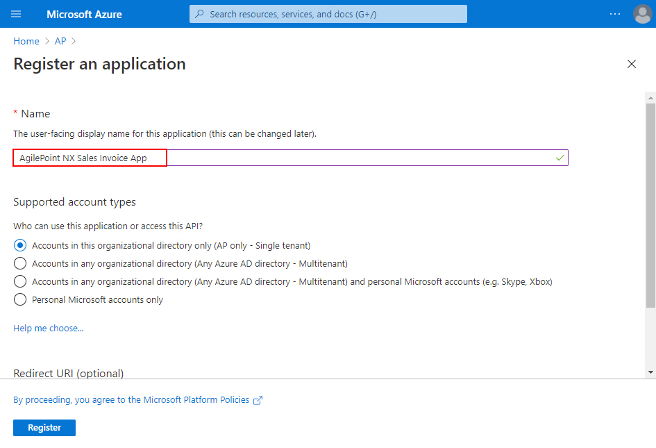 Register an application screen