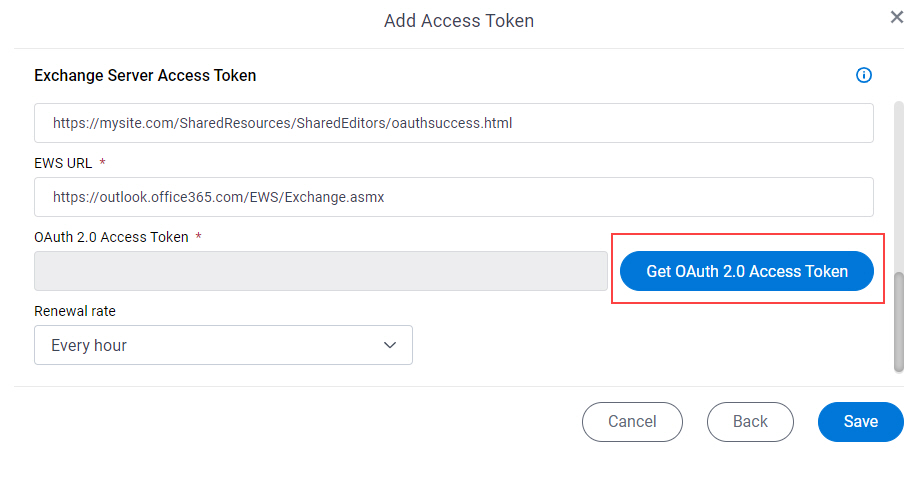 Exchange Server Access Token screen