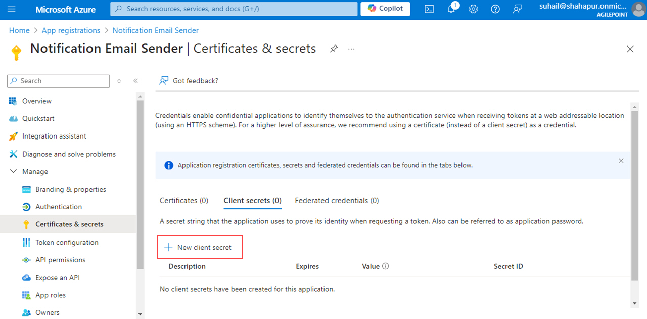 Certificates Secrets screen