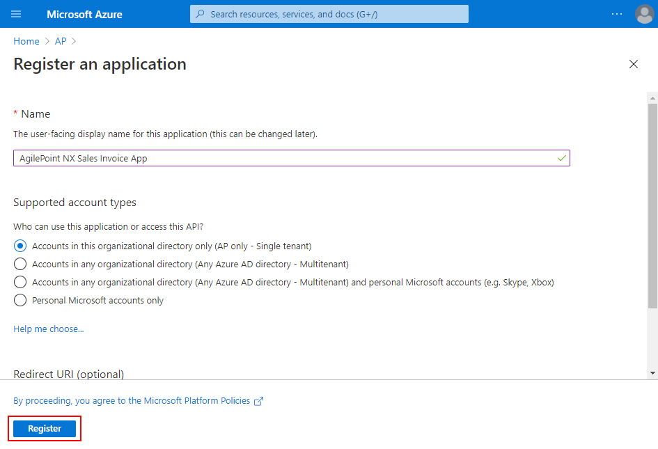 Register an application screen