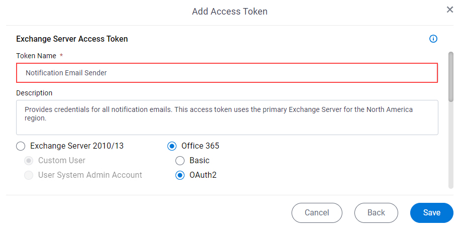 Exchange Server Access Token screen