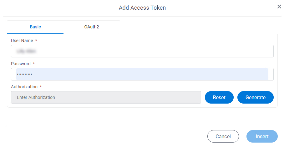 gRPC Service Access Token Configuration Basic Authentication tab