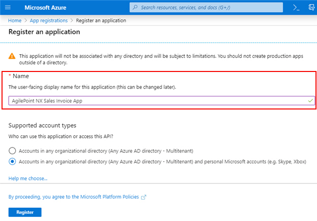 Register an application screen