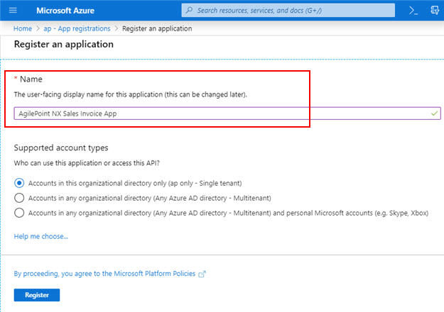 Register an application screen