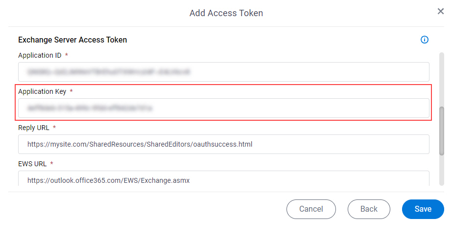 Exchange Server Access Token screen