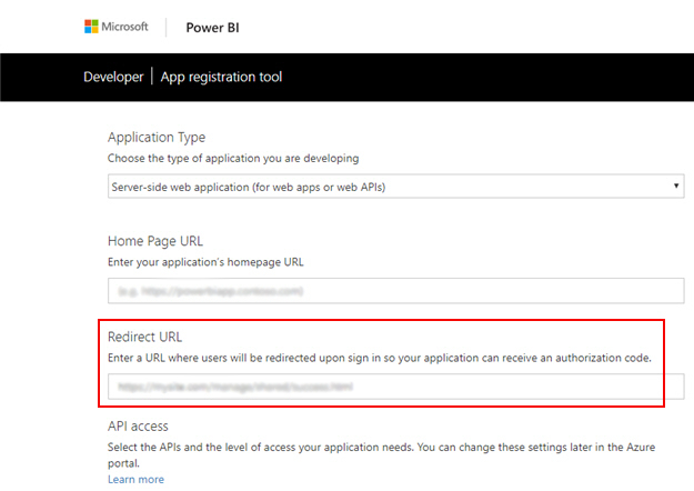 Register your application for Power BI screen