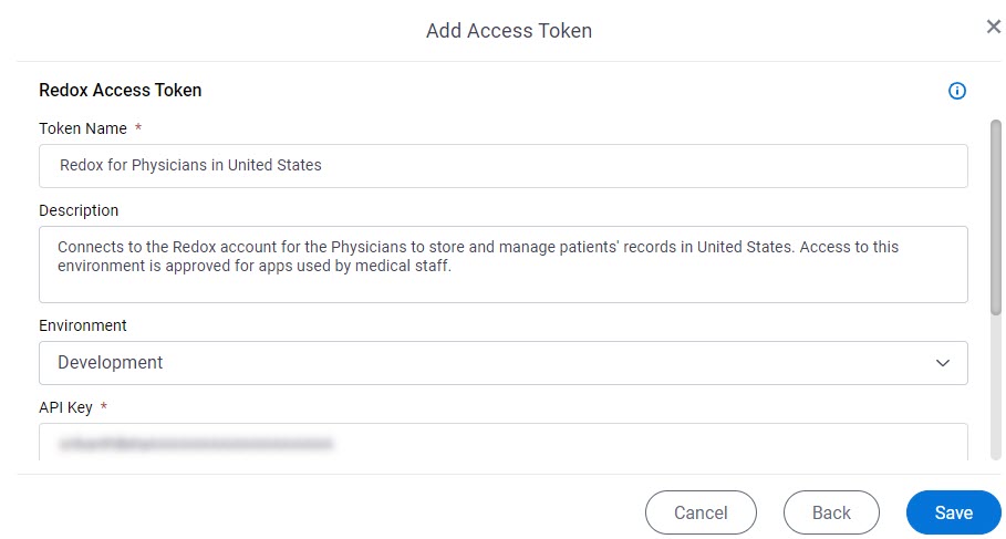 Redox Access Token Configuration screen