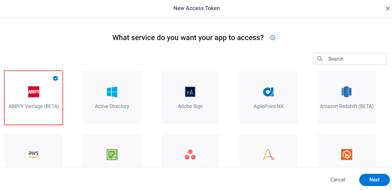 Select ABBYY Vantage App Token