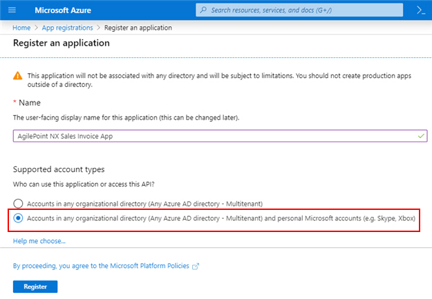 Register an application screen