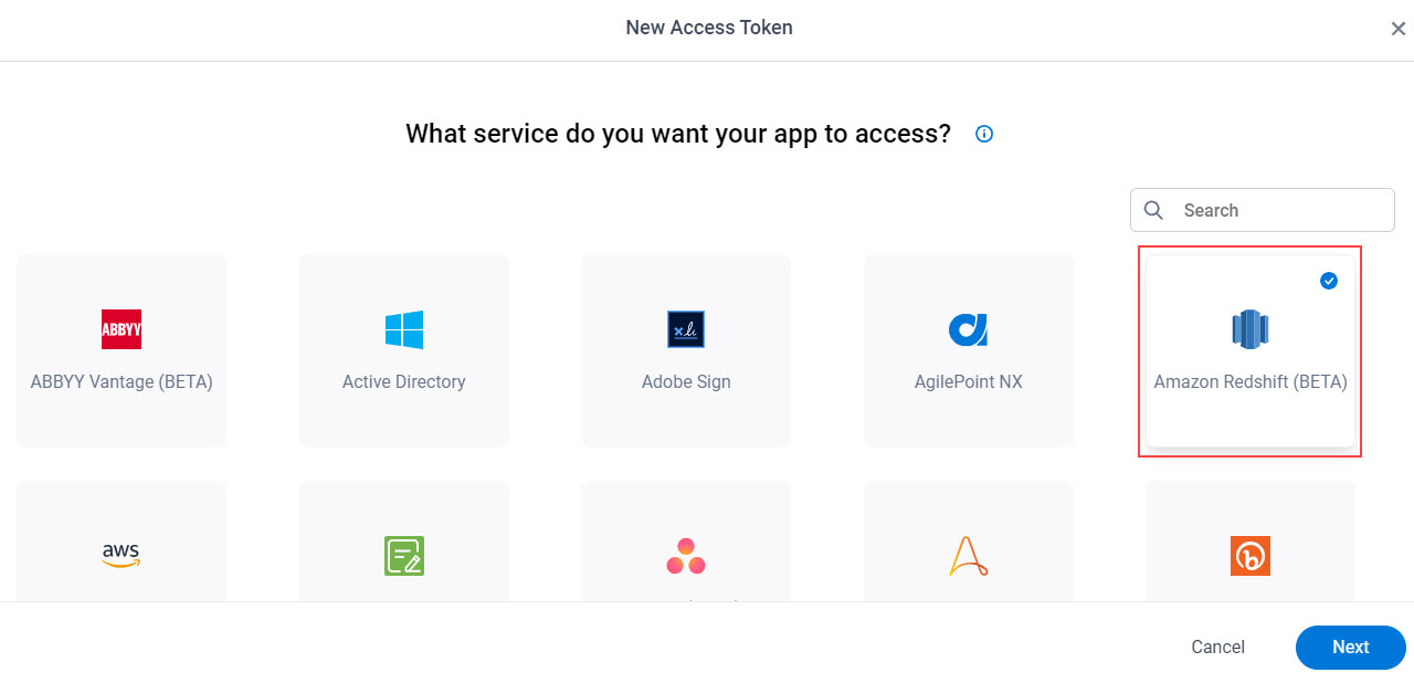 Select Amazon Redshift App Token