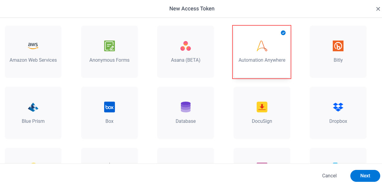 Select Automation Anywhere App Token