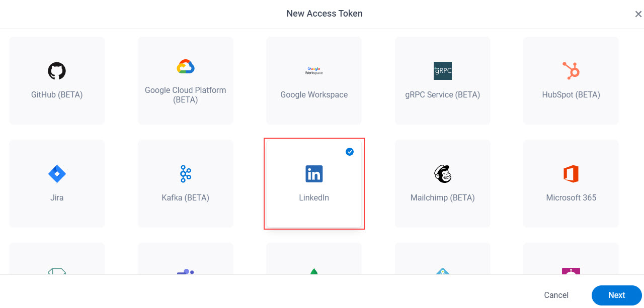 Select LinkedIn App Token