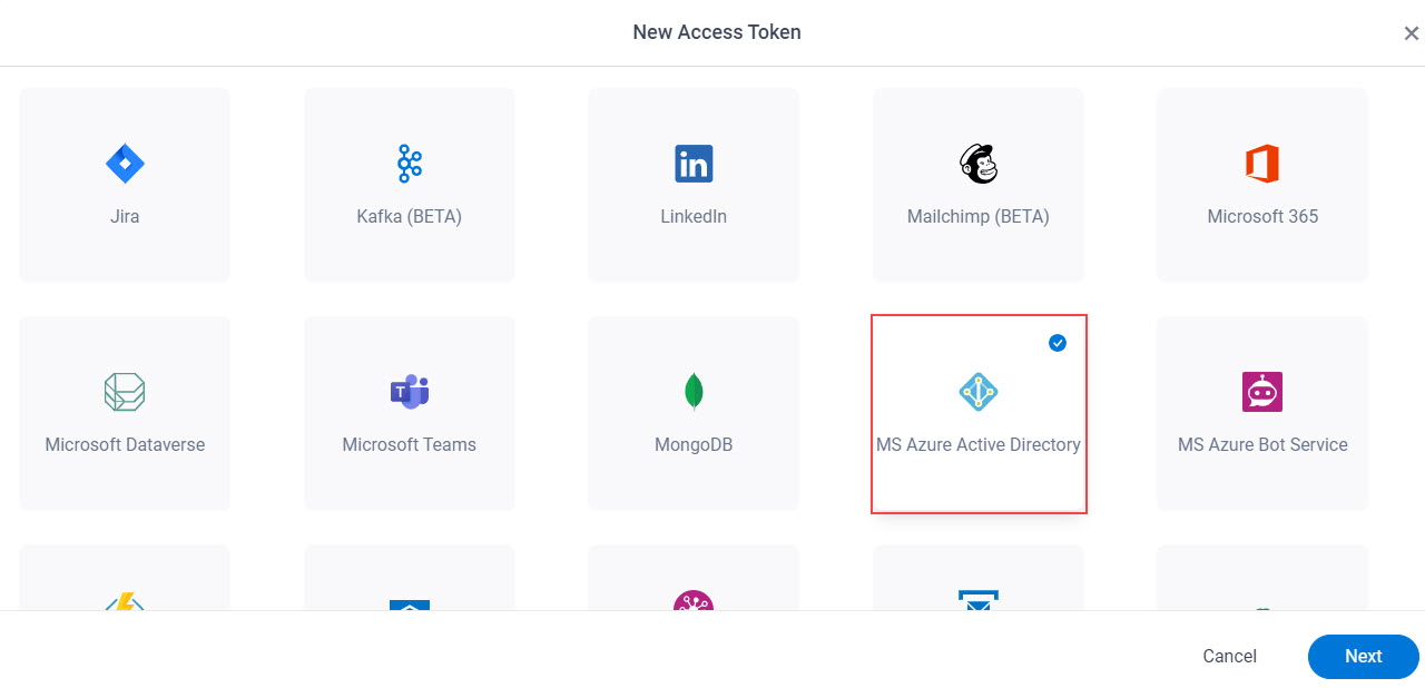 Select MS Azure Active Directory App Token