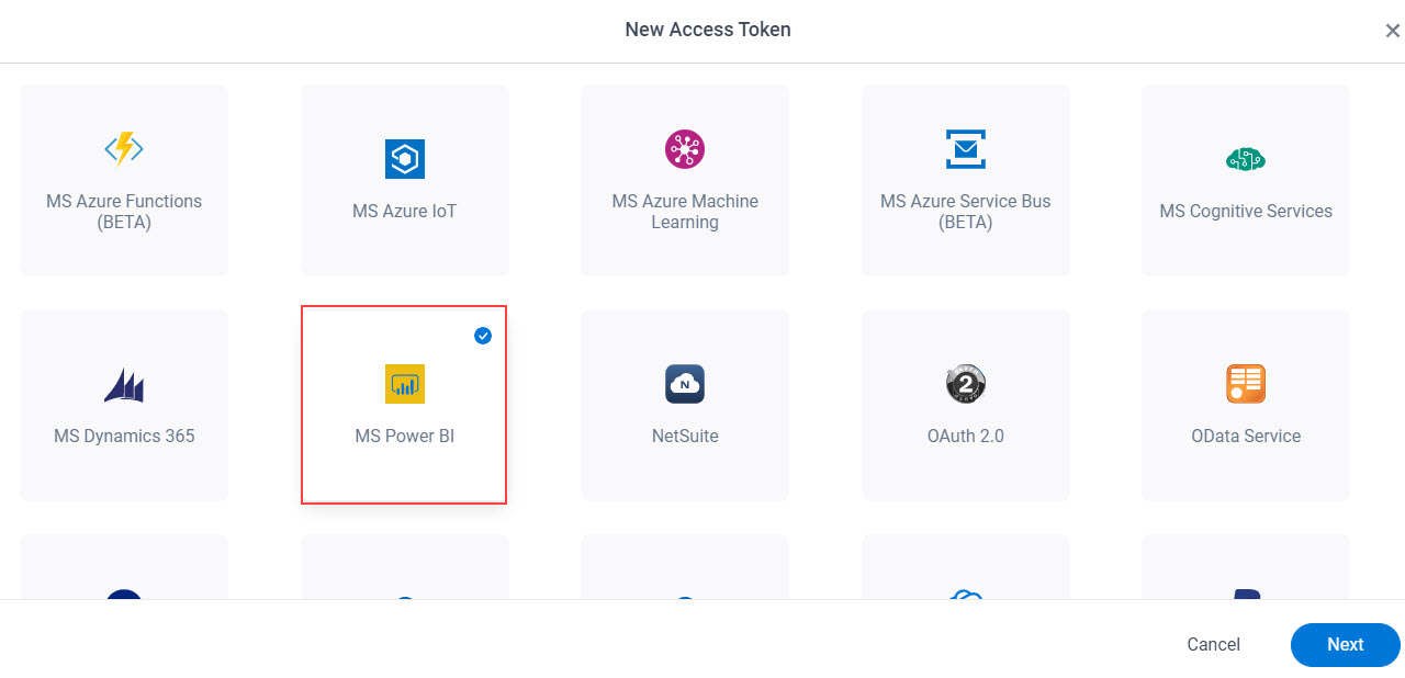 Select MS Power BI App Token