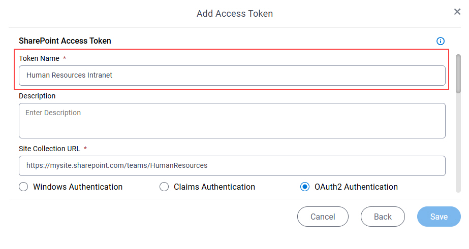 SharePoint Access Token screen