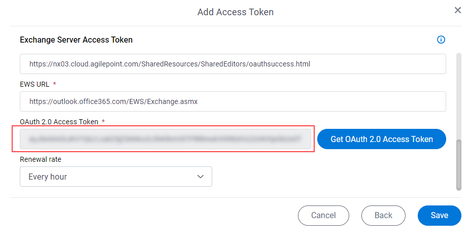 Exchange Server Access Token screen