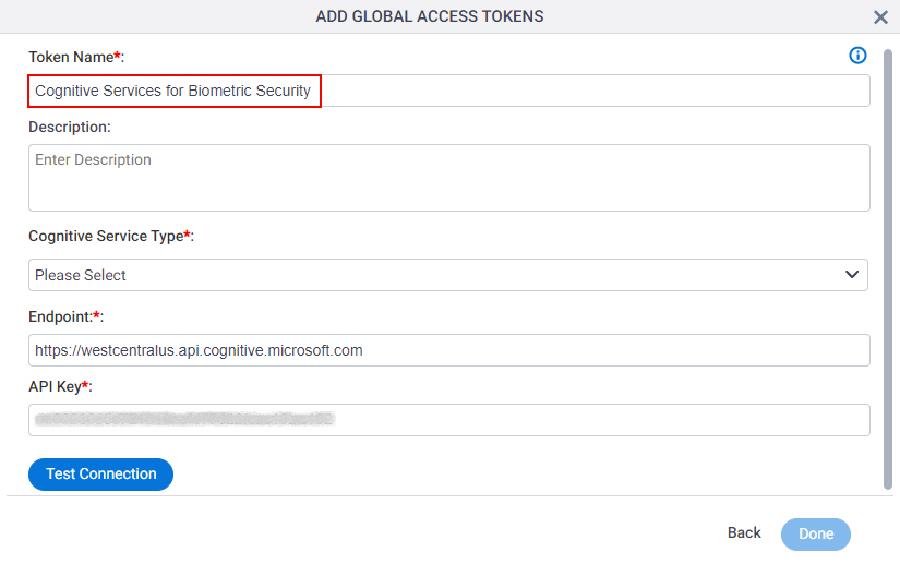 Microsoft Cognitive Services Access Token Configuration screen