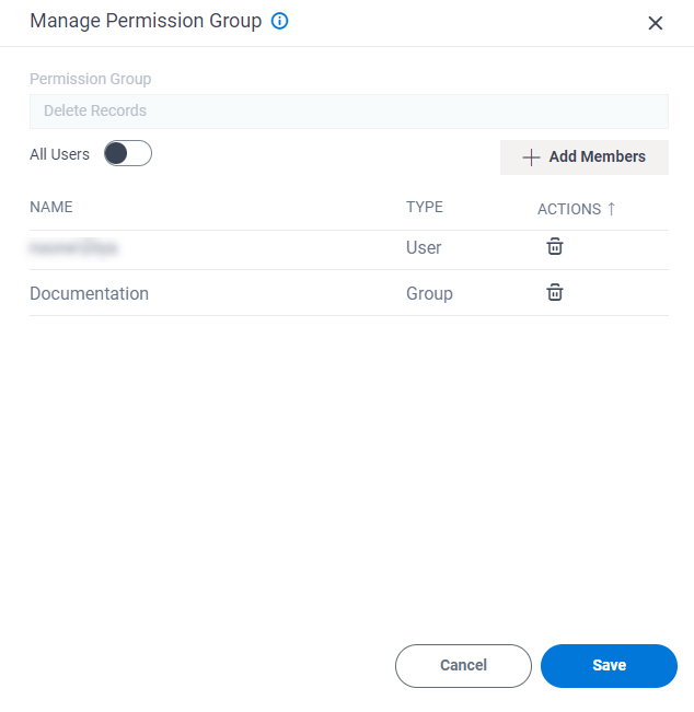 Delete Records Permission Group screen