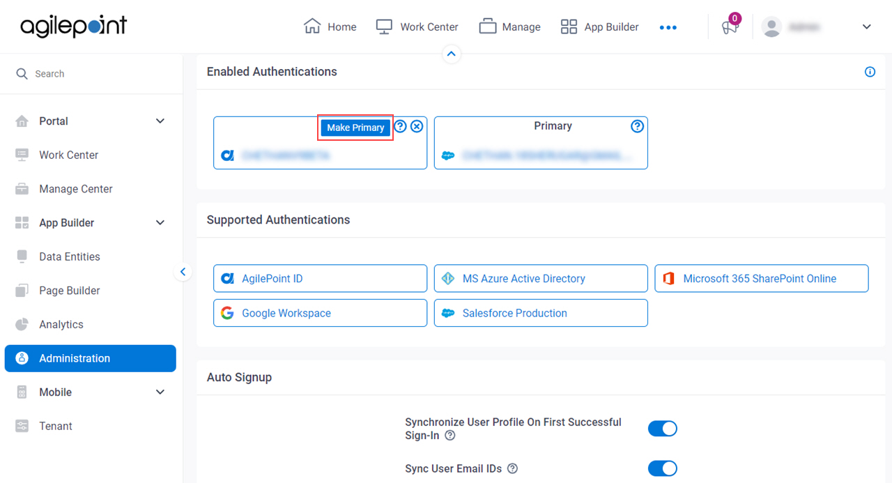 Authentication Configuration screen