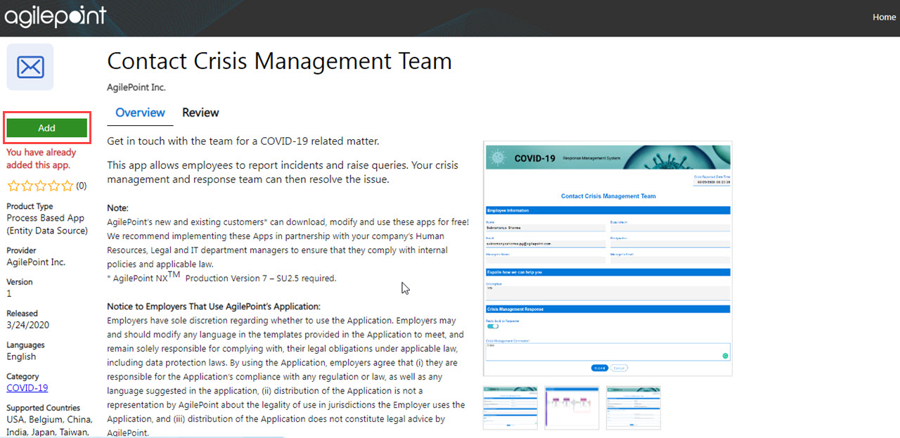 Contact Crisis Management Team screen